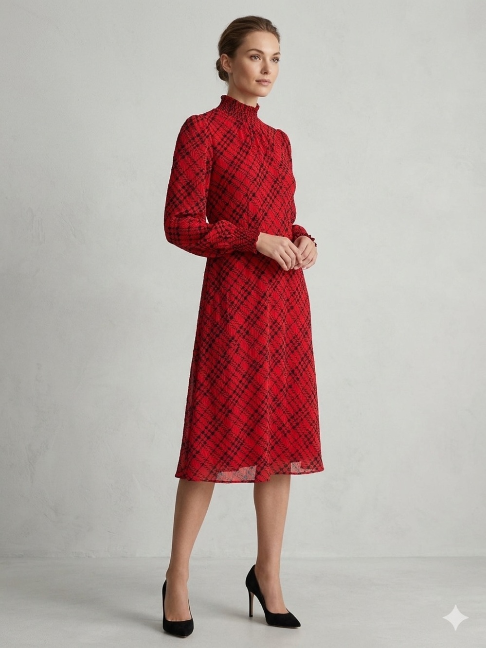 Tommy Hilfiger Red Plaid Smocked Mock Neck Chiffon Shift Dress - Size 8